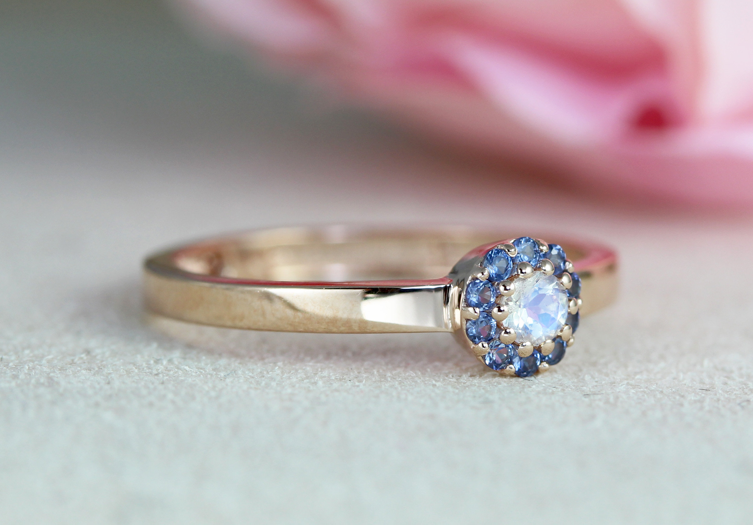 Dalicate Rose Gold Moonstone and Sapphire Ring, Moonstone Engagement ...