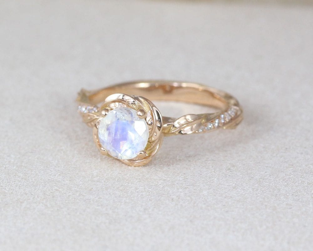 moonstone ring, moonstone engagement ring, leaf engagement ring